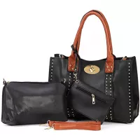 Fashlanlika Women Rivet Handbag 3pcs Set Studded Turn Lock Tote Faux Leather Shoulder Bag Top Handle Bag