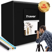 Photo Box, Travor Photo Studio Light Box 35"/90cm Adjustable Brightness Portable Shooting Tent Table Top Photography Lighting Kit with 126 LED Lights 4 Backdrops (Brightness 15000lm, CRI95+)