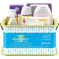 Johnson's Bath Discovery Gift Set for Parents-to-Be, Caddy with Baby Bath Time & Skin Care Essentials, Includes Baby Wash, Shampoo, Wipes, Lotion & Diaper Rash Cream, 7 Items
