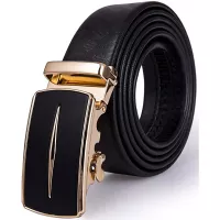 Mens Gold Buckle Belt,YOHOWA Cowhide Belt Automatic Ratchet Buckle Black Holeless for Jeans/Suit Gift Box