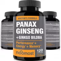 Authentic Korean Red Panax Ginseng + Ginkgo Biloba, 120 Vegan Capsules, Ginseng Root Extract Powder 1000mg (10% Ginsenosides) + Gingko Biloba 60mg, Energy and Focus Pills for Men and Women by NooMost