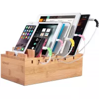 Ollieroo Bamboo Charging Station for 7 Devices, Charging Dock Stand Organizer for Cell Phone, Tablet, Cords Cable Organizer