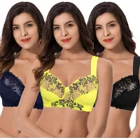 Curve Muse Plus Size Minimizer Unlined Wireless Bra with Lace Embroidery-3Pack