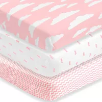 BaeBae Goods Premium Crib Sheets for Baby Girls, 3 Pack, Soft and Breathable Jersey Cotton Fitted Sheet Set, Pink and White, Cute Girls Nursery Mattress Bedding, Universal Fit