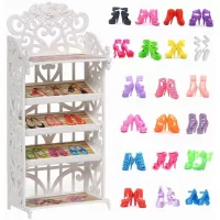 DoubleWood 1 Doll Shoes Rack + 20 Pairs Doll Shoes Replacement Playset Accessories Different Assorted Colors High Heel Boots Sandals Doll Shoes Set for 11.5 Inch Girl Doll