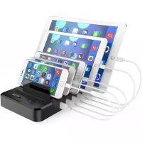 Cell Phone Charging Station Dock for Multiple Devices, 40W/8A, 5-Port USB Charging Organizer, HICITY Fast Charging Docking Station for Cell Phones and Tablets- Black