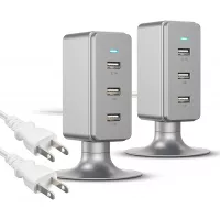 Multiple USB Charger (2 Pack), Overtime 3.1A 3-Port Desktop Charger Charging Station Multi Port Fast Wall Charger Hub Compatible with iPhone, iPad, Samsung, LG, Nexus, HTC and More – Silver
