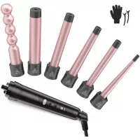 6 in 1 Curling Wand Set - Hair Curling Iron with 6 Interchangeable Ceramic Barrels with LCD Temperature Control and Anti-scalding Tip, 0.35-1.25 Inch Hair Curler for All Hair Types(Glove Include)