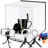 DUCLUS Foldable Photo Studio Box kit, Portable Photography Light Box with Dual Ring LED Light, Photo Studio Shooting Tent with White Light Warm Light and 6 Color Background, Size 12inch x 12inch