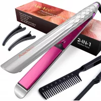 AmoVee Flat Iron 2 in 1 Straightener Curling Iron with Diamond Ceramic Tourmaline, Adjustable Temperature for All Hair Types, 1 Inch, Comes with Hair Comb & Clips, Iron/Fuchsia