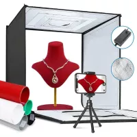 ShowMaven Photo Light Box, Portable Folding Photography Studio Box Booth Shooting Tent Kit with 5 Backdrops & Phone Holder & Tripod Stand for Photography