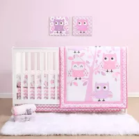 The Peanutshell Dancing Owl Crib Bedding Set for Baby Girls | 3 Piece Nursery Set | Baby Quilt, Crib Sheet, and Dust Ruffle