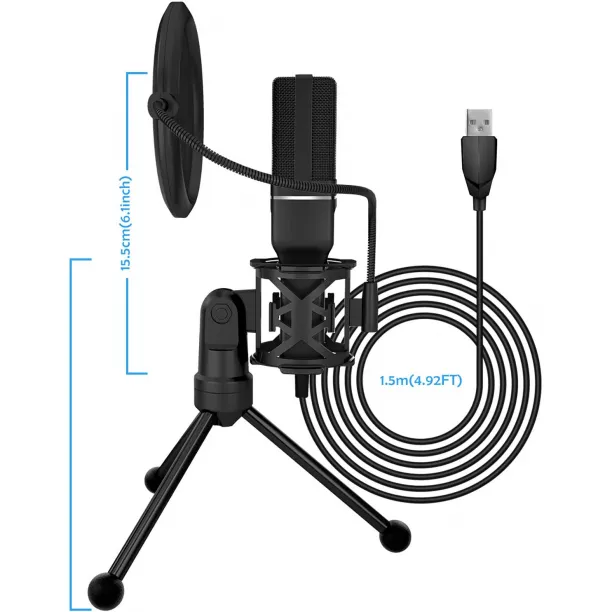 USB Microphone, Professional Condenser Computer PC Mic with Tripod Stand,  Pop Filter, Shock Mount for Gaming, Streaming, Podcasting, , Voice