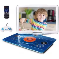 16.9" Portable DVD Player with 14.1" Large Swivel Screen, Car DVD Player Portable with 5 Hrs Rechargeable Battery, Mobile DVD Player for Kids, Sync TV, Support USB SD Card with Car Charger (Blue)
