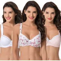 Curve Muse Women's Plus Size Underwired Unlined Balconette Cotton Bra-3Pack