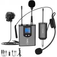UHF Wireless Microphone System Headset Mic/Stand Mic/Lavalier Lapel Mic with Rechargeable Bodypack Transmitter & Receiver 1/4" Output for iPhone, PA Speaker, DSLR Camera, Recording, Teaching