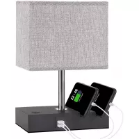 Touch Control Bedside Lamp with 2 USB Ports, Aooshine Fully-Dimming USB Table Lamp with 2 Phone Stands and Low Voltage Led Bulb, Grey Fabric Shade Modern Style, Suitable for Bedroom, Living Room, Off