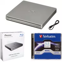 Pioneer BDR-XS07S Portable 6X Blu-ray Burner External Drive Bundle with 100GB M-DISC BDXL and USB Cable - Burns CD DVD BD DL BDXL Discs