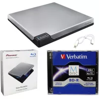 Pioneer BDR-XD07S Portable 6X Blu-ray Burner External Drive Bundle with 25GB M-DISC BD-R and USB Cable - Burns CD DVD BD DL BDXL Discs