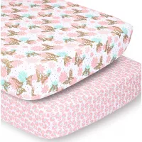 The Peanutshell Crib Sheet Set for Baby Girls | Pink and Gold Butterfly & Pink Ditsy Floral | 2 Pack Set