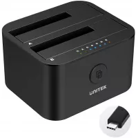 Unitek Type C USB 3.0 to SATA I/II/III Mini Dual Bay External Hard Drive Docking Station for 2.5/3.5-inch HDD SSD, Offline Clone Duplicator Function Support UASP and 2 X 16TB with 12V/3A Power Adapter