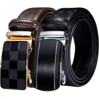 Mens Gold Buckle Belt,YOHOWA Cowhide Belt Automatic Ratchet Buckle Black Holeless for Jeans/Suit Gift Box