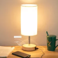 Bedside Lamp with USB port - Touch Control Table Lamp for Bedroom Wood 3 Way Dimmable Nightstand Lamp with Round Flaxen Fabric Shade for Living Room, Kids Room, College Dorm, Office(LED Bulb Included)