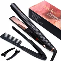AmoVee Professsional Flat Iron Hair Straightener and Curler with Nano Titanium, Adjustable Temperature 1 Inch Flat Iron for All Hair Types, with Hair Comb,Clips, Black&Rose Gold