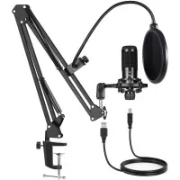 USB Condenser Microphone Bundle Kit,192KHZ/24BIT Professional Cardioid Computer Mic with Adjustable Scissor Arm Stand Shock Mount and Gain Knob for Recording,for Podcasting, Gaming, YouTube (Black)