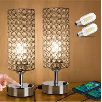 ZEEFO Touch Table Lamp, Modern Elegant Decor Nightstand Lamps Built-in Dual 5V/2.1A USB Ports & AC Outlet& Two Edison Bulbs,Silver Base Dimmable Crystal Bedside USB Lamps Perfect for Bedroom(Set of 2)