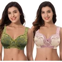 Curve Muse Women's Plus Size Minimizer Unlined Wireless Lace Full Coverage Bras