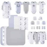 The Peanutshell Newborn Layette Gift Set for Baby Boys or Girls | 23 Piece Gender Neutral Newborn Clothes & Accessories Set in Blue, Grey