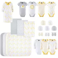 The Peanutshell Newborn Layette Gift Set for Baby Boys or Girls | 23 Piece Gender Neutral Newborn Clothes & Accessories Set | Safari Themed Yellow