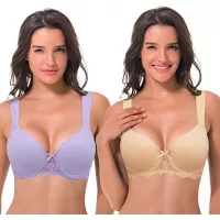 Curve Muse Womens Lightly Padded Underwire Lace Bra with Padded Shoulder Straps