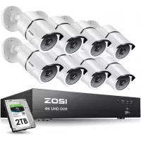 ZOSI 8CH 4K Ultra HD Security Cameras System with 2TB Hard Drive, 8 Channel H.265+ 4K Video DVR Recorder, 8 x 4K (8MP) IP67 Bullet Weatherproof Surveillance Cameras, Motion Alert, 150ft Night Vision