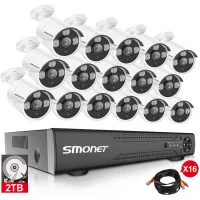 SMONET 16 Channel Video Surveillance System,5-in-1 5MP Security Camera Systems(2TB Hard Drive),16pcs 1080P Indoor Outdoor Home Security Cameras,DVR Kits with Night Vision,Remote View (Renewed)