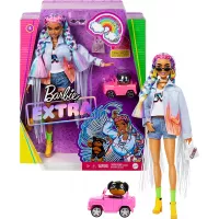 Barbie Extra Doll #5 in Long-Fringe Denim Jacket with Pet Puppy, Rainbow Braids, Layered Outfit & Accessories Including Car for Pet, Multiple Flexible Joints, Gift for Kids 3 Years Old & Up