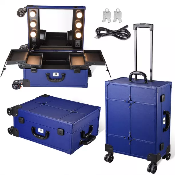 Byootique Blue Rolling Makeup Case With Mirror Light Cosmetic Work Sta..