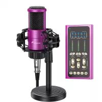 USB Podcast Microphone with Sound Mixer, FOXNOVO Sound Card for Studio Microphone Kit with Stand, 9 Scene Modes and 9 Sound Effects for Podcasting, Recording music, vlogging, Computer, Phone, Wireless
