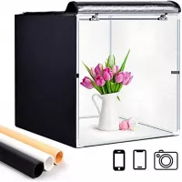 Photo Box, TWW Photo Studio Light Box Portable Foldable 24 x 24 Inch Photography Shooting Tent Kit with Dimmable and Movable LED Lights,Carry Bag and 3 Color Backdrops (White Black Gold)