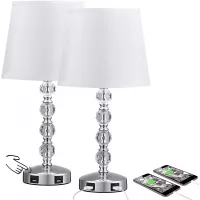 Touch Control 3 Way Dimmable Cute Crystal Table Lamp with 2 USB Charging Ports, Acaxin 17Inch Bedside Light with Modern White Shade, Small Bed Lamp for Bedroom, Living Room, Guest Room(Bulb Included)
