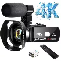 4K Video Camera Ultra HD Camcorder 48.0MP IR Night Vision Digital Camera WiFi Vlogging Camera with External Microphone and Lens Hood, 3 in Touch Screen (V4G)