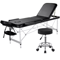 Yaheetech Aluminium 3 Folding Massage Table with Rolling Stool Portable Massage Bed Spa Bed Stool Adjustable Swivel Salon Chair Massage Therapy Table with Headrest & Armrest Black