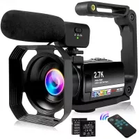 Video Camera 2.7K Vlogging Camera for YouTube 30MP Camcorder with Foldable Handheld Stabilizer Camcorder Video Camera 3.0" Touch Screen, Fill Light, Remote and Lens Hood
