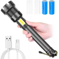 Upgraded LED Flashlight, Xhp90, 90000 Lumens, Zoomable & 3 Modes Lighting, OUTERDO,Torch with 26650 Battery & USB Rechargeable, Suitable for Outdoor Hiking Camping or Home Emergency （Black)