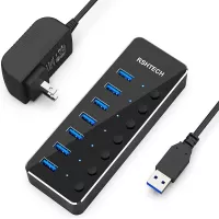 RSHTECH USB 3.0 Hub 7 Port Powered USB Hub Expander Aluminum USB 3.0 Data Port hub with Universal 5V AC Adapter and Individual On/Off Switches USB Splitter for Laptop and PC(Black)