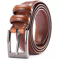 XHtang Men Genuine Leather Dress Belt with Single Prong Buckle