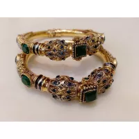 24k Gold Plated Handmade Bangles studded Emerald and Blue Stones with Rhodium and Antique Polish