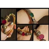 24k Gold Plated Handmade Bangles Studded Ruby and Emerald Stones with Antique Polish