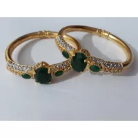 24k Gold Plated Handmade Bangles Studded Emerald Stones with White Pearls (1 Pair)